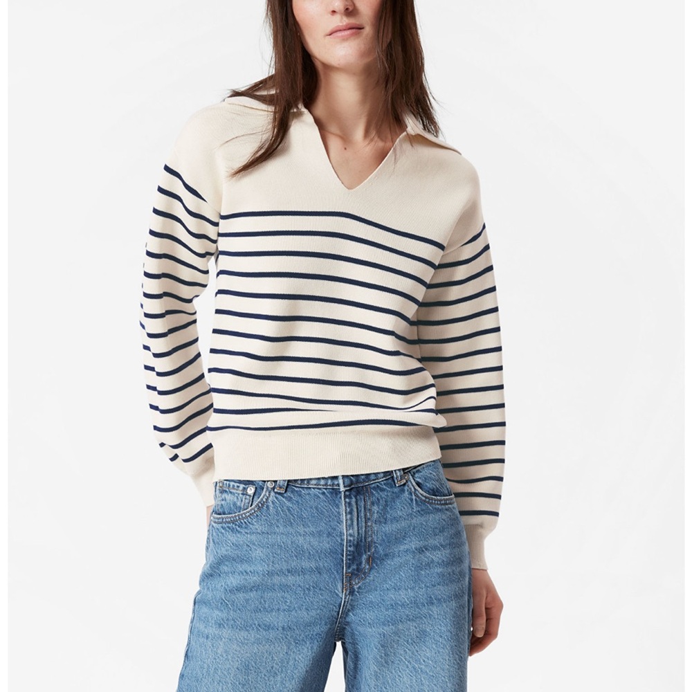 & Other Stories Cream and Navy Striped V-Neck Sweater
